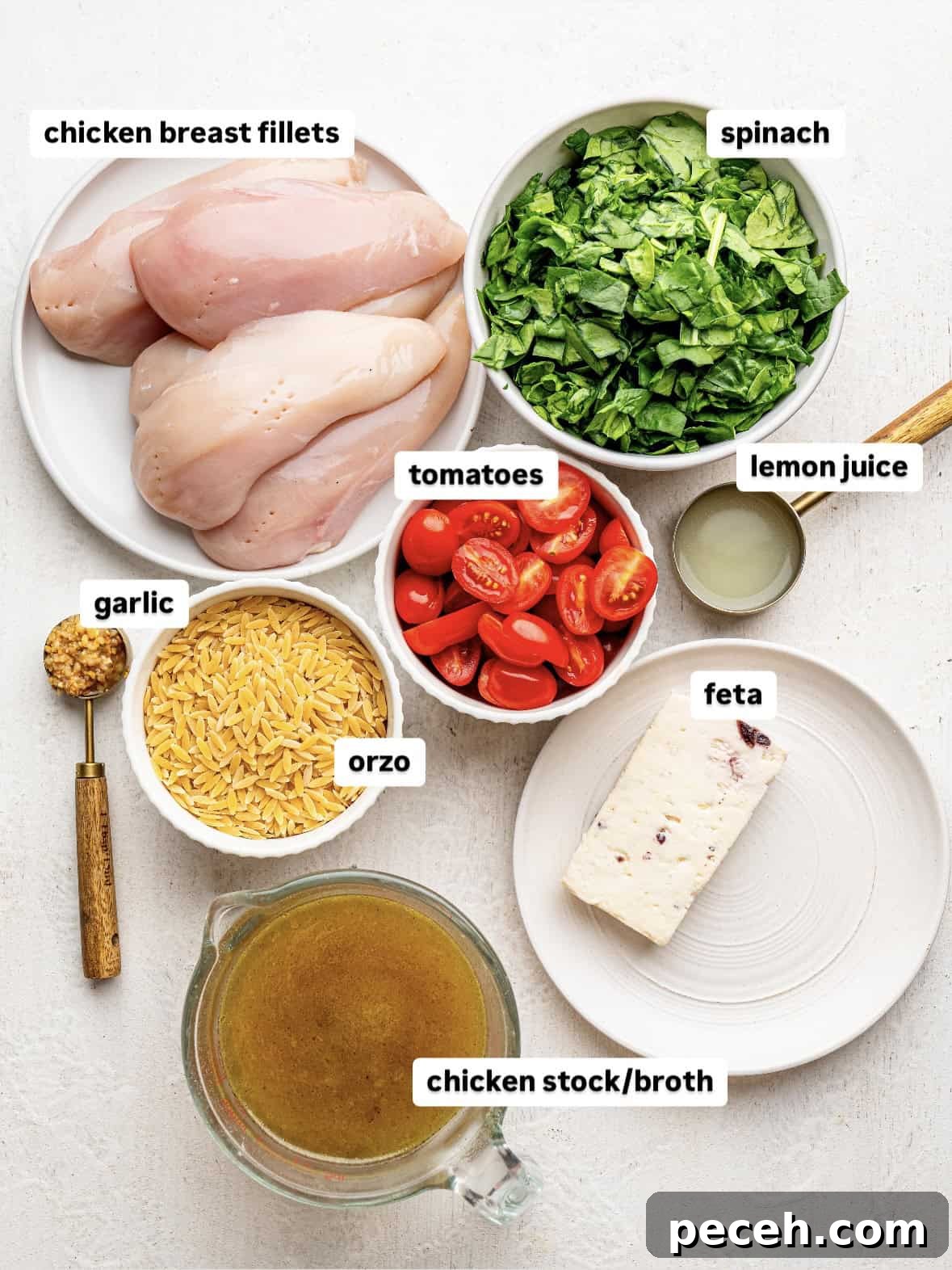 Spinach, Feta & Chicken Orzo Bake — Cheesy One-Pan Dinner 5 Ingredients needed to make chicken and orzo bake.