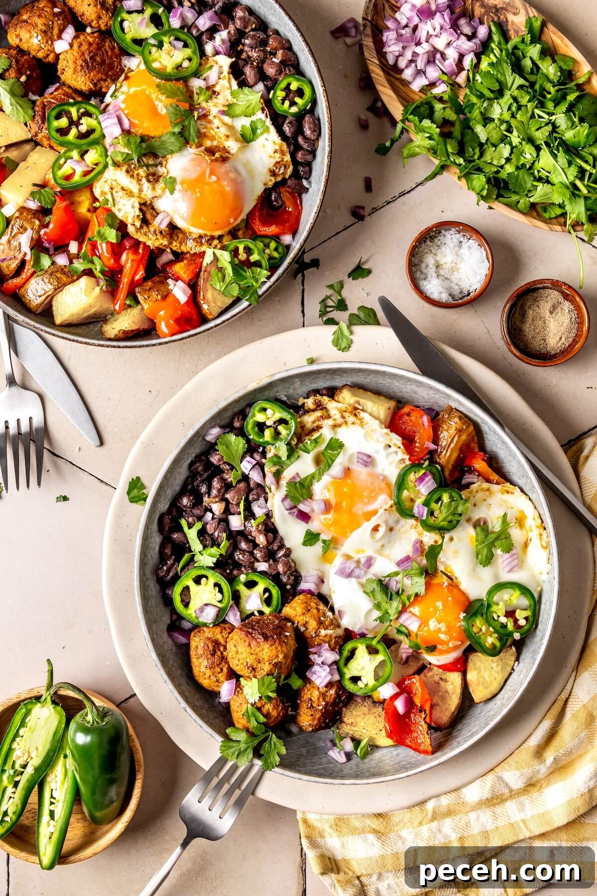 Chorizo Breakfast Burrito Bowl with Veggies and Scrambled Eggs 2 Breakfast Burrito Bowls with Chorizo, Eggs, and Veggies GF DF - Olivia Adriance