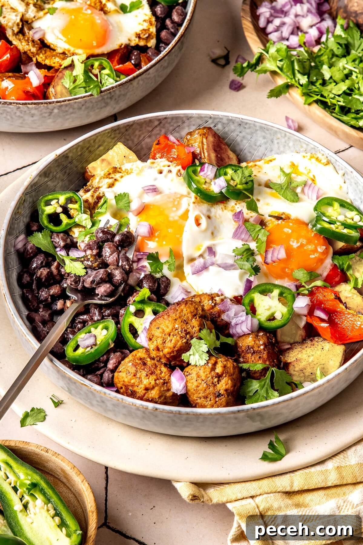 Chorizo Breakfast Burrito Bowl with Veggies and Scrambled Eggs 3 Breakfast Burrito Bowls with Chorizo, Eggs, and Veggies GF DF - Olivia Adriance