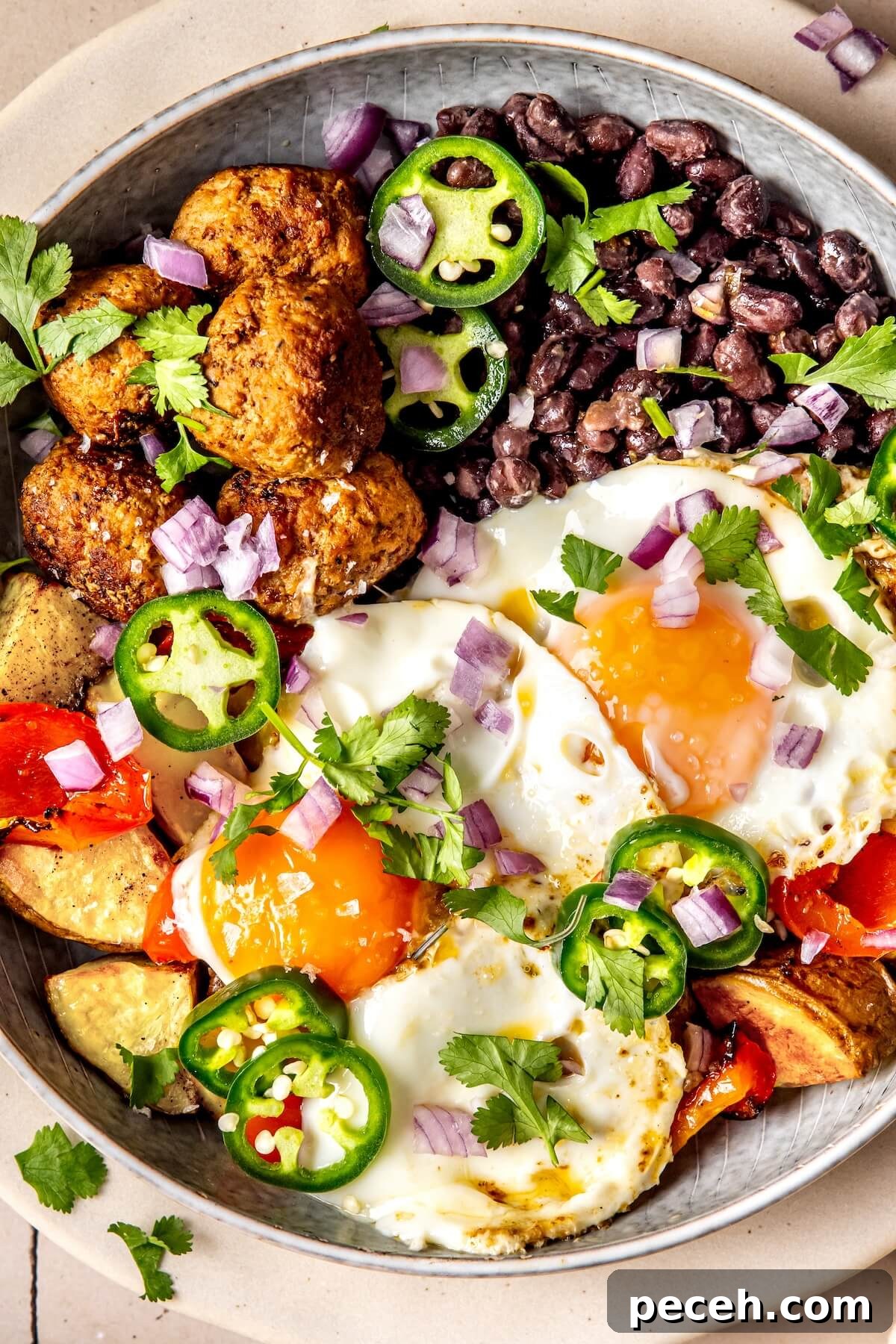 Chorizo Breakfast Burrito Bowl with Veggies and Scrambled Eggs 4 Breakfast Burrito Bowls with Chorizo, Eggs, and Veggies GF DF - Olivia Adriance