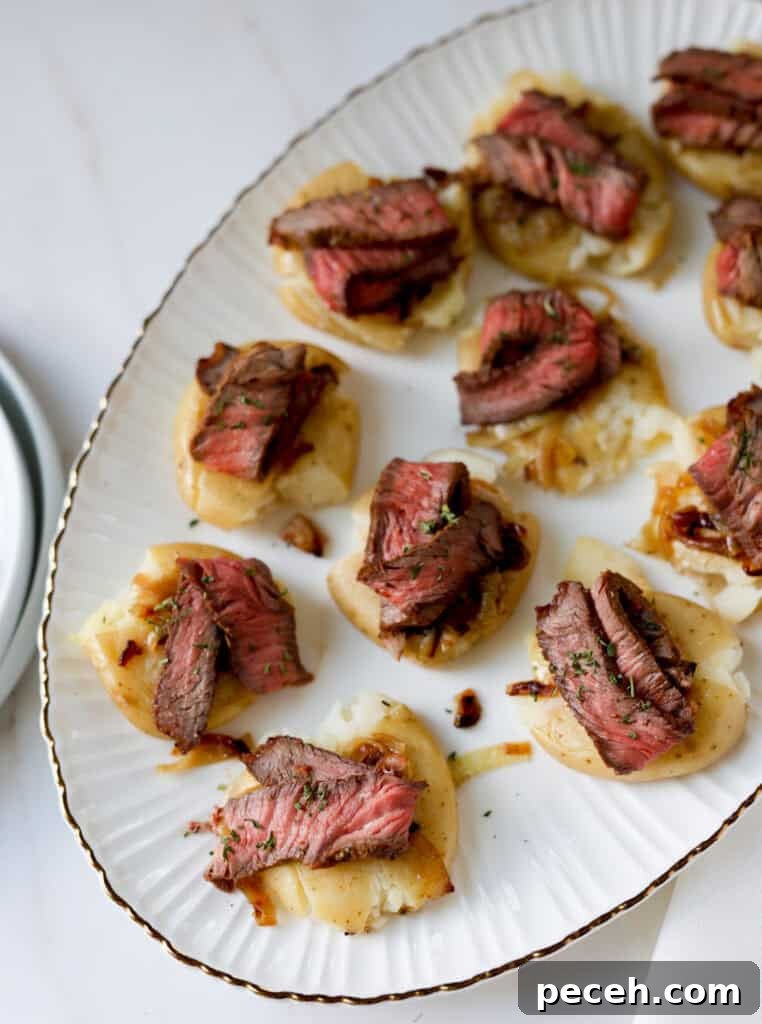 Smashed Potato Crostini with London Broil and Caramelized Onions 2 London broil on smashed potato "crostini"