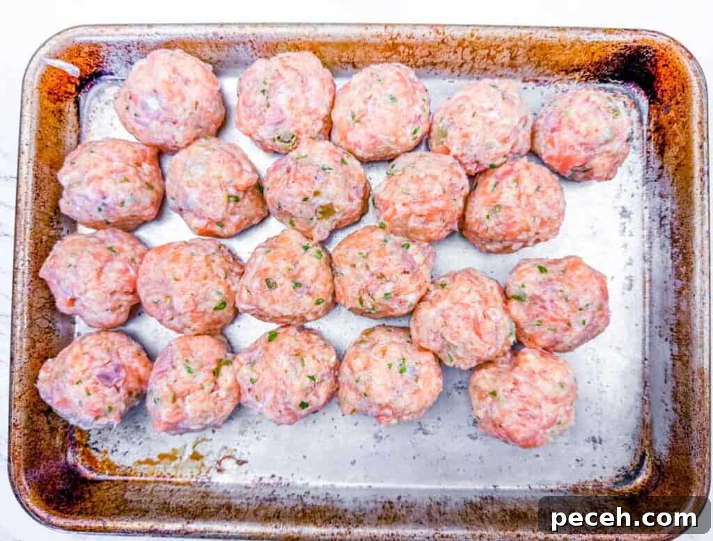 Crispy Pan-Fried Salmon Balls with Tangy Dill Sauce 10 Overhead shot of rows of raw turkey meatballs on a greased metal baking sheet.