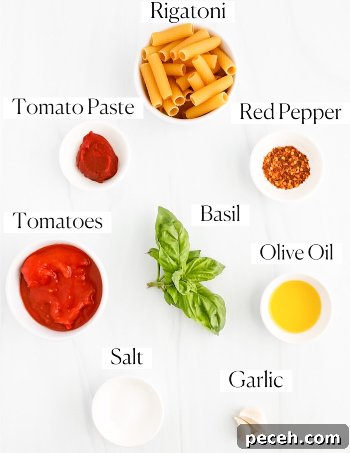 Spicy Rigatoni Arrabbiata with Garlic and Fresh Tomatoes 3 Labeled ingredients in small white bowls including: rigatoni, tomato paste, red pepper, tomatoes, basil, olive oil, salt, and garlic.