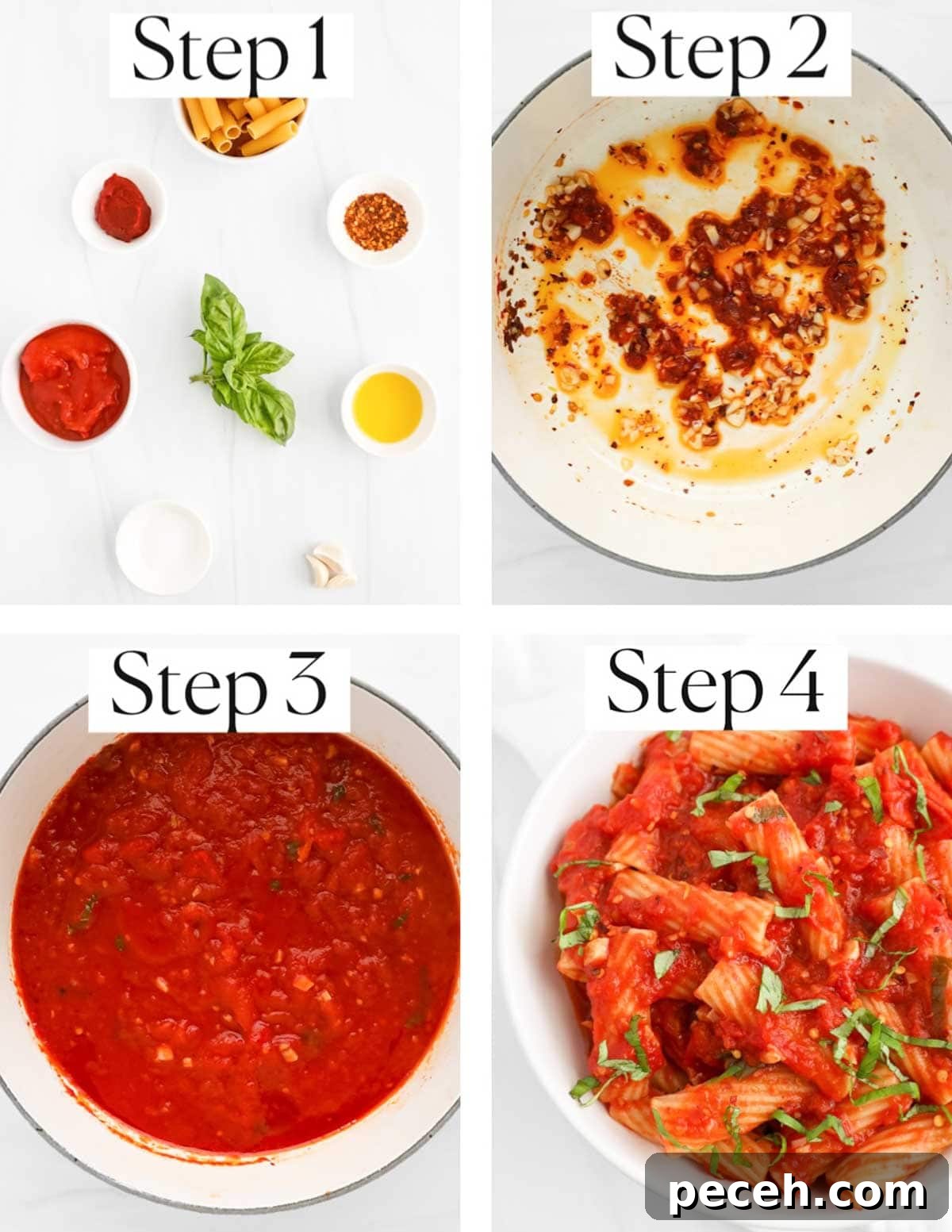 Spicy Rigatoni Arrabbiata with Garlic and Fresh Tomatoes 5 A collage of four images labeled "step 1-step 4". Step 1: ingredients including pasta, tomatoes, tomato paste, spices, basil, and olive oil in small white bowls. Step 2: a white pot filled with olive oil, garlic, and tomato paste. Step 3: Sauce in a white pot. Step 4: pasta covered in a red sauce with fresh basil on top.