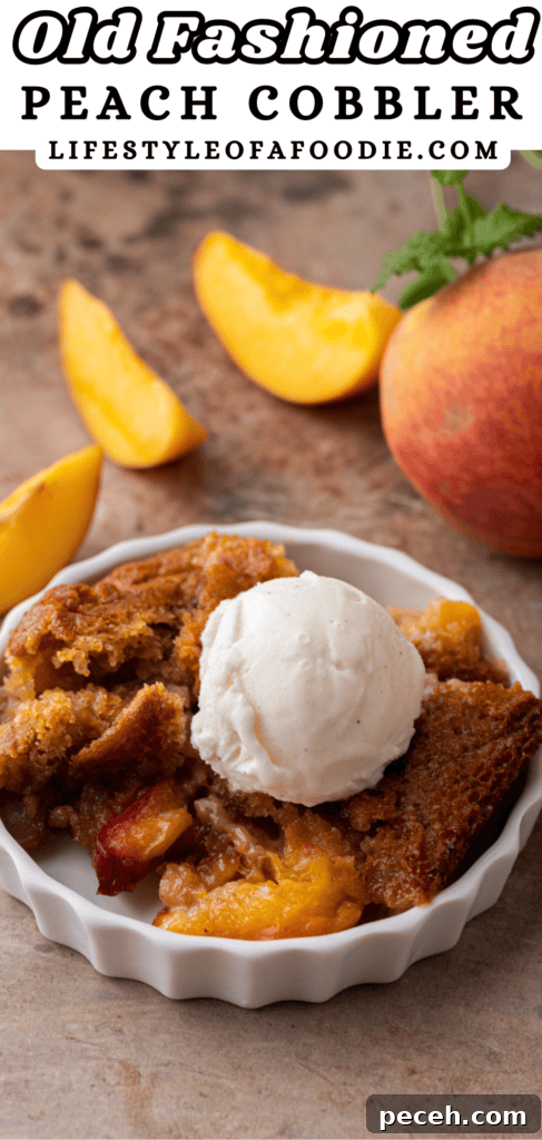 Classic Old-Fashioned Peach Cobbler Recipe You’ll Love 18 pinterest pin of the old fashioned peach cobbler recipe