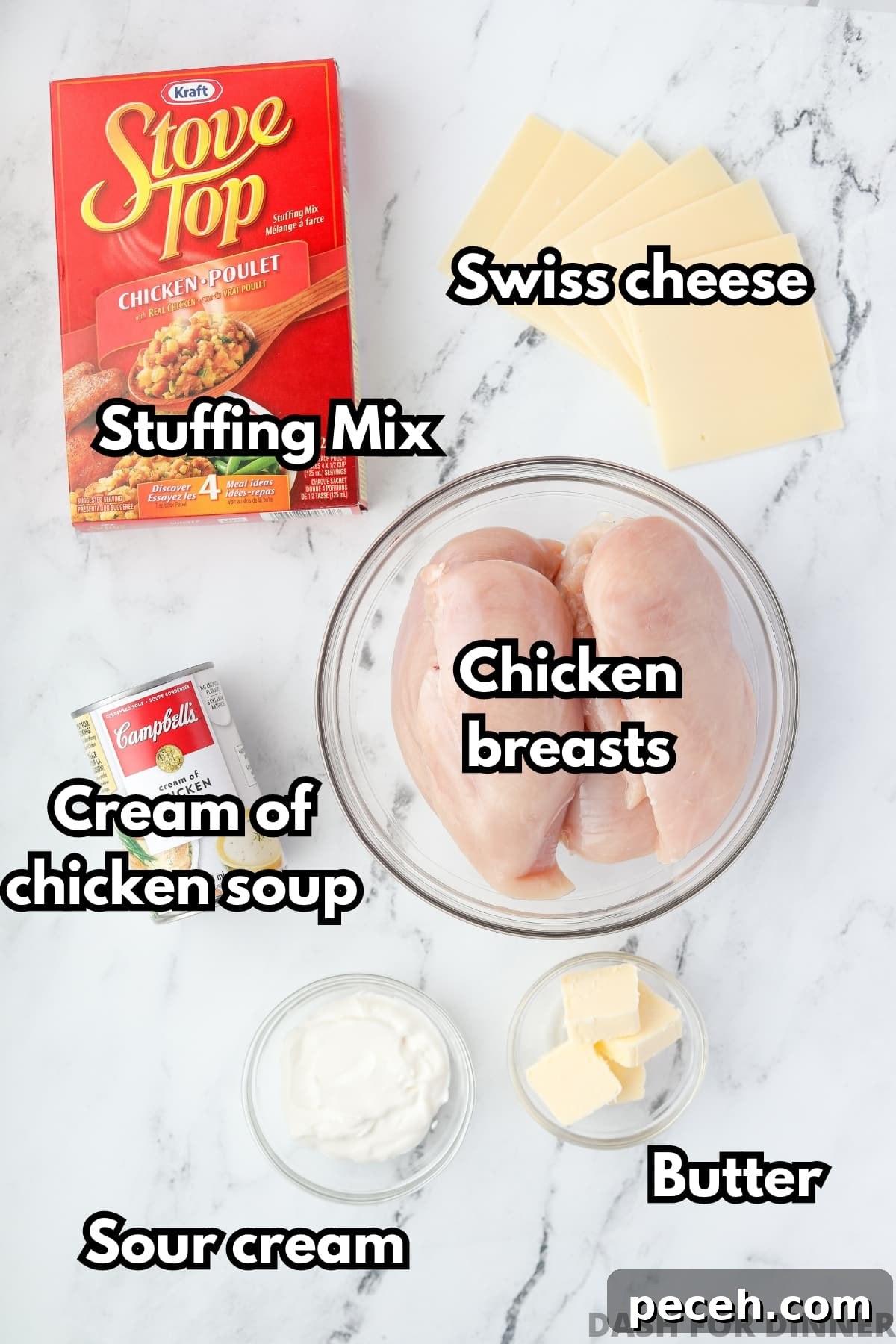 Creamy Swiss-Style Chicken Casserole with Mushrooms and Cheese 3 The ingredients needed to make chicken and stuffing: chicken breasts, cream of chicken soup, stuffing mix, butter, swiss cheese, and sour cream.