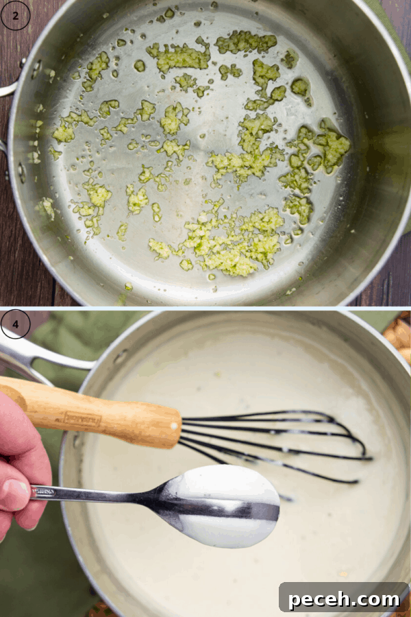 Creamy Asiago Sauce Recipe for Pasta and Vegetables 4 a pot with sauteed garlic over an image of the same pot full of creamy asiago sauce