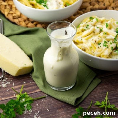 Creamy Asiago Sauce Recipe for Pasta and Vegetables 7 a glass carafe of white cheese sauce in front of a bowl of pasta