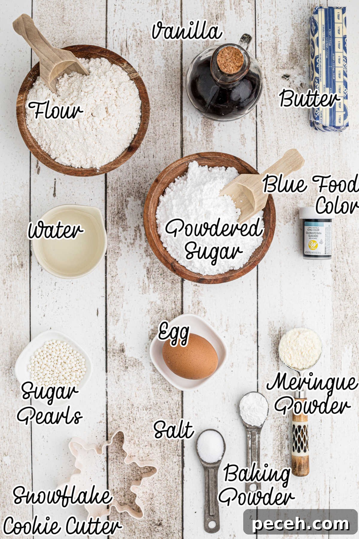 Snowflake Sugar Cookies: Festive Icing & Decorating Guide 3 Ingredients needed to make snowflake cookies with text overlay.