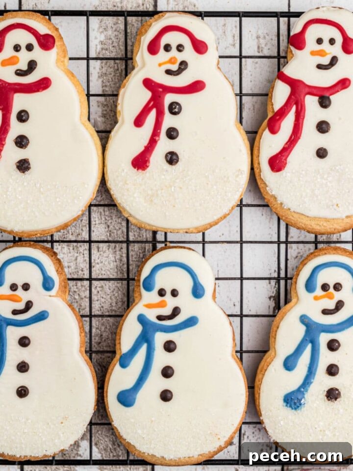 Snowflake Sugar Cookies: Festive Icing & Decorating Guide 8 Copycat Starbucks snowman cookies lined up on a cooling rack.