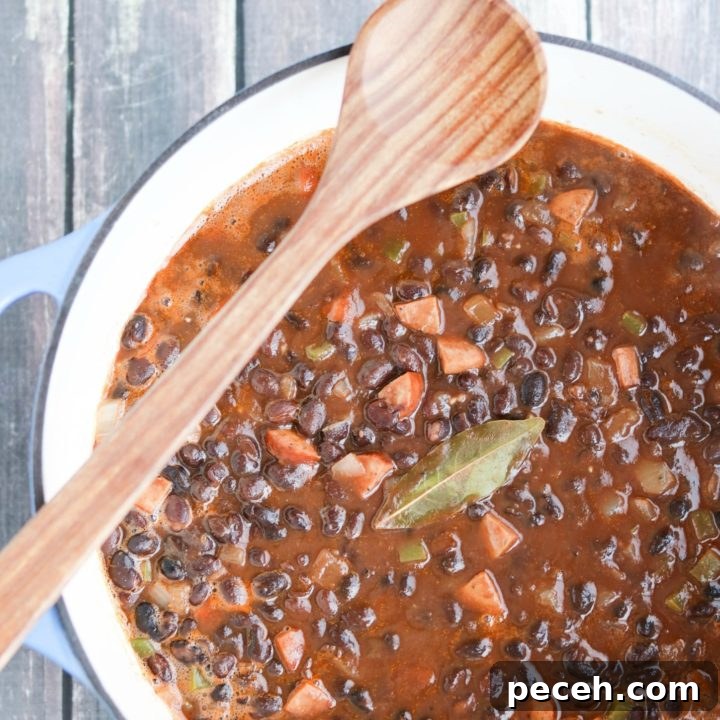 Overhead of cooked black bean soup in blue-enameled cast iron pot, with wooden spoon laying diagonally across pot.