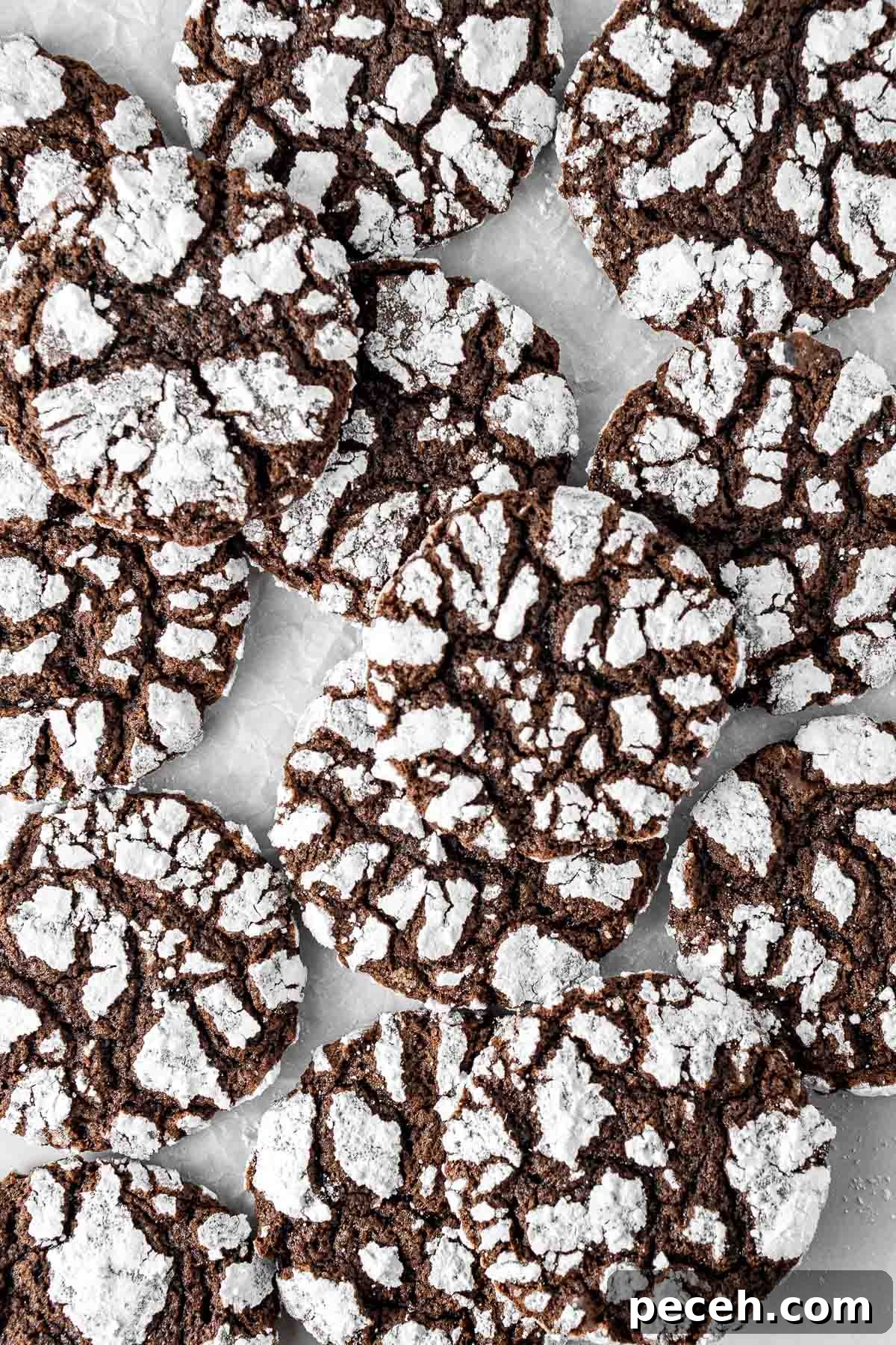 Fudgy Chocolate Crinkle Cookies Recipe 4 Chocolate crinkle cookies from above showing their pattern.