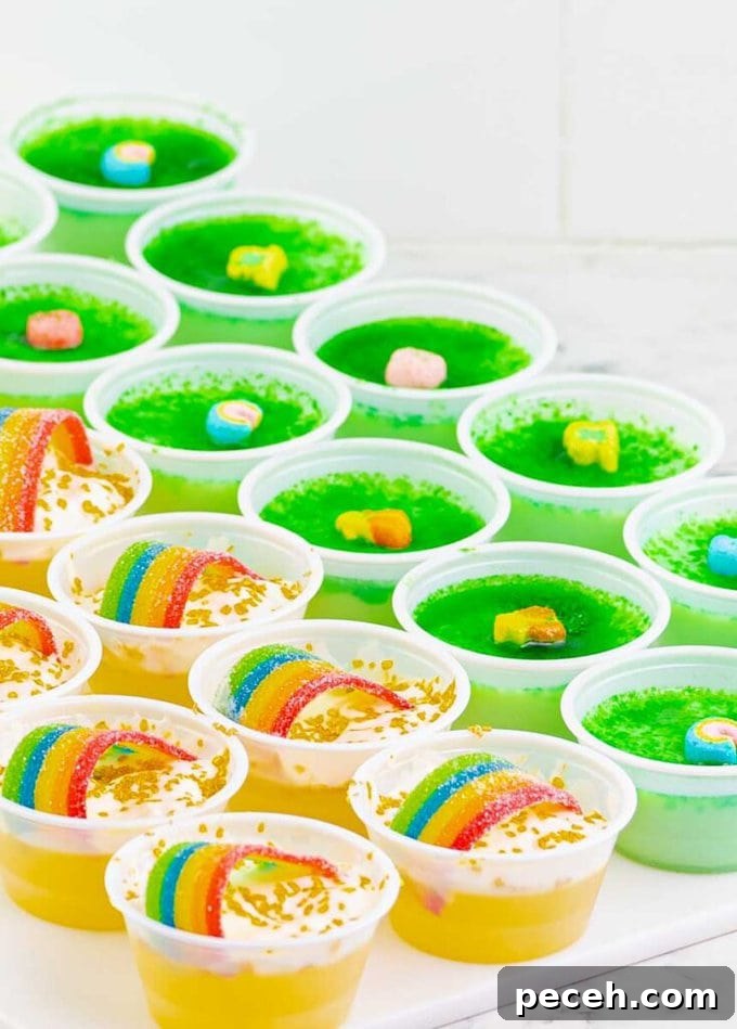 Pot of Gold Jello Shots for St. Patrick's Day 7 cut rainbow candy forming a rainbow bridge on top of jello shot