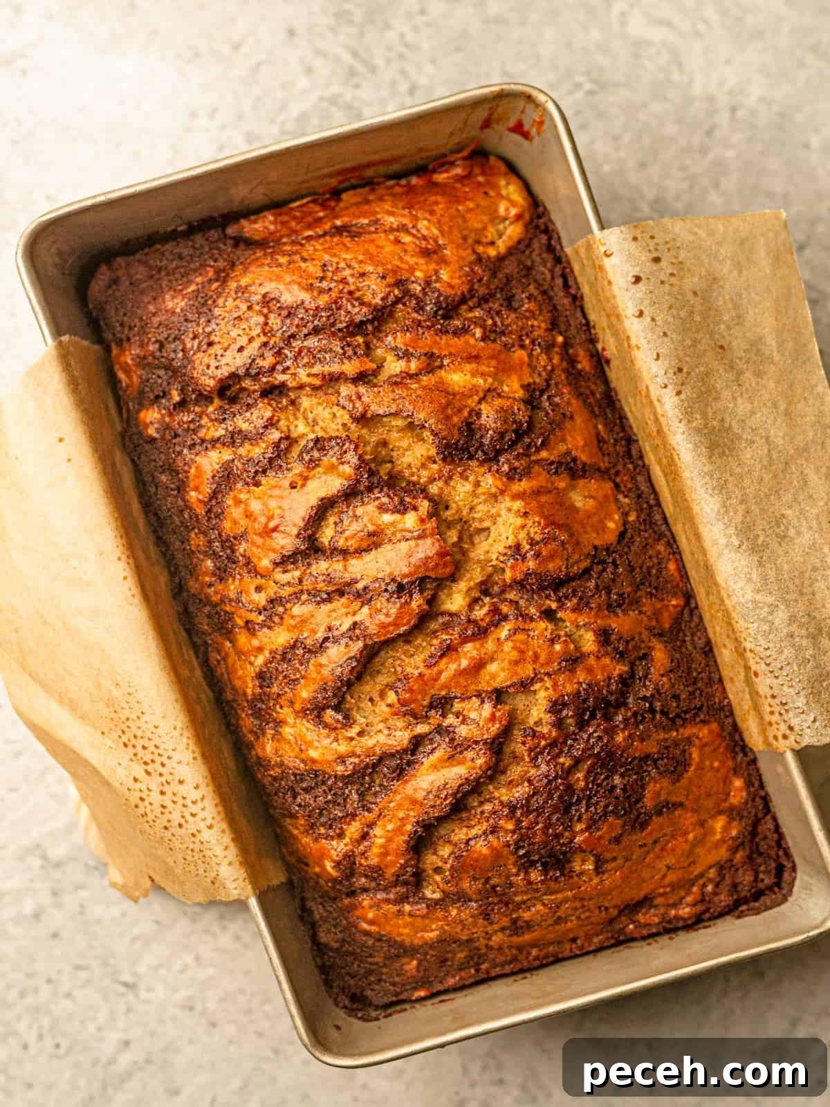 Banana bread in a loaf pan.