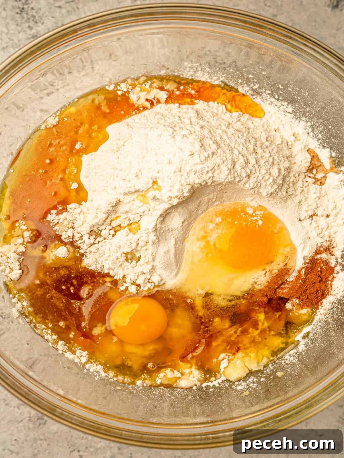 Ingredients in a glass bowl before mixing.