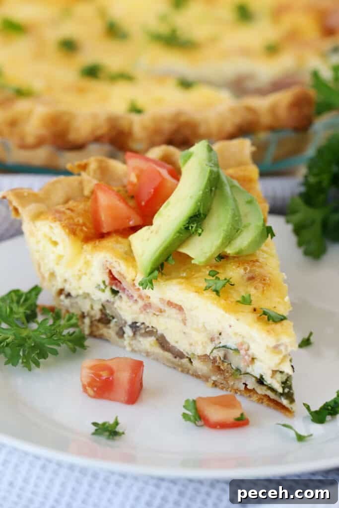 Savory Bacon and Mushroom Quiche Recipe 6 quiche recipe with avocado and tomatoes on top