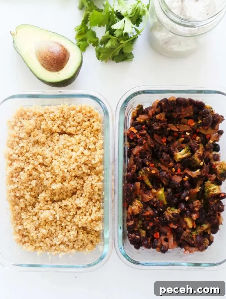 Black Bean Quinoa Bowls for Vegan Meal Prep 4 Black Bean Quinoa Bowl - easy healthy dinner recipe you can meal prep on Sunday. This clean eating recipe is vegan, gluten-free and full of flavor.
