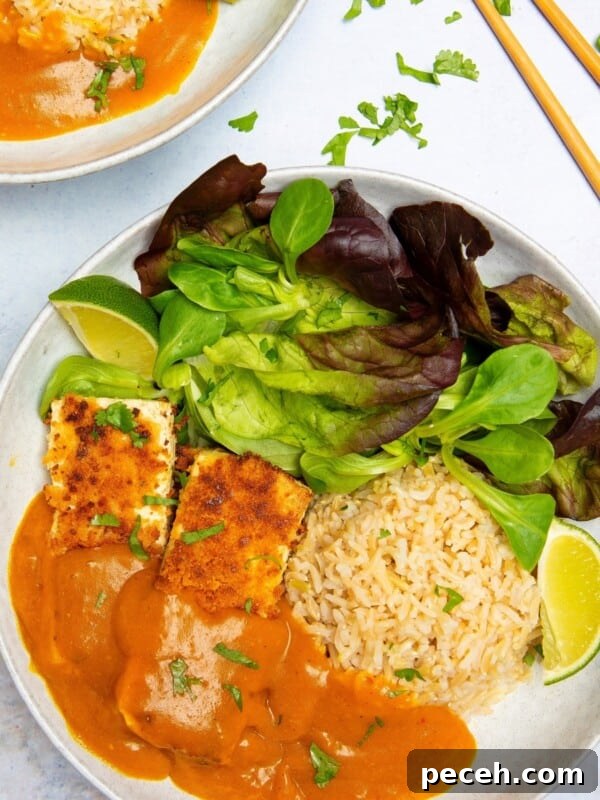 Creamy Sweet Potato Satay Curry with Coconut & Lime 13 Vegan Katsu Curry on a plate with vegetables and rice.