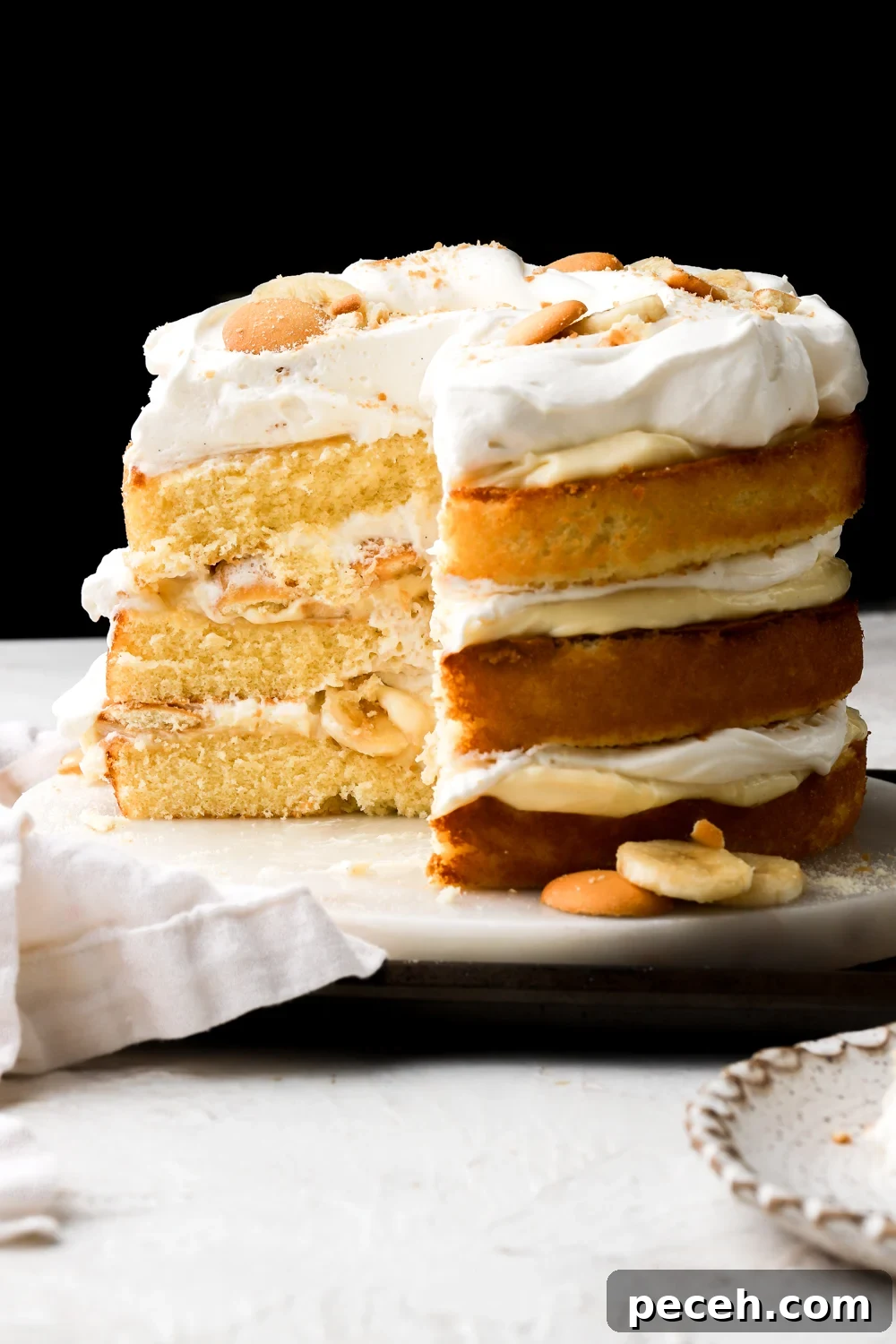 banana pudding cake sliced, showing the inside