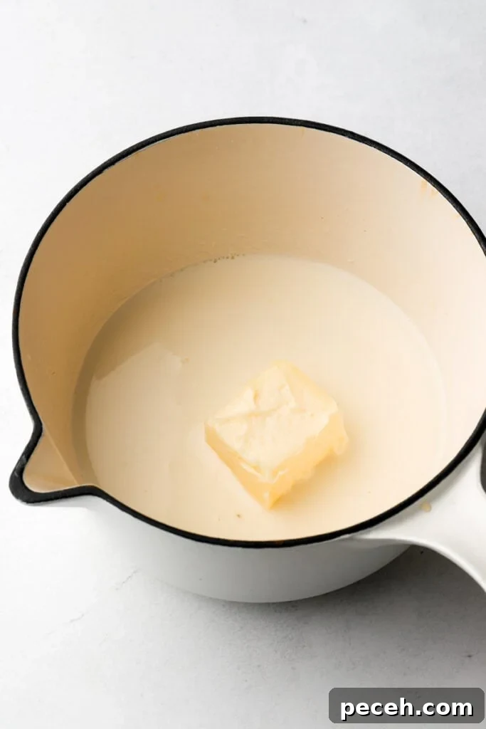 Light and Fluffy Banana Pudding Cake Recipe 6 butter and milk in a pot