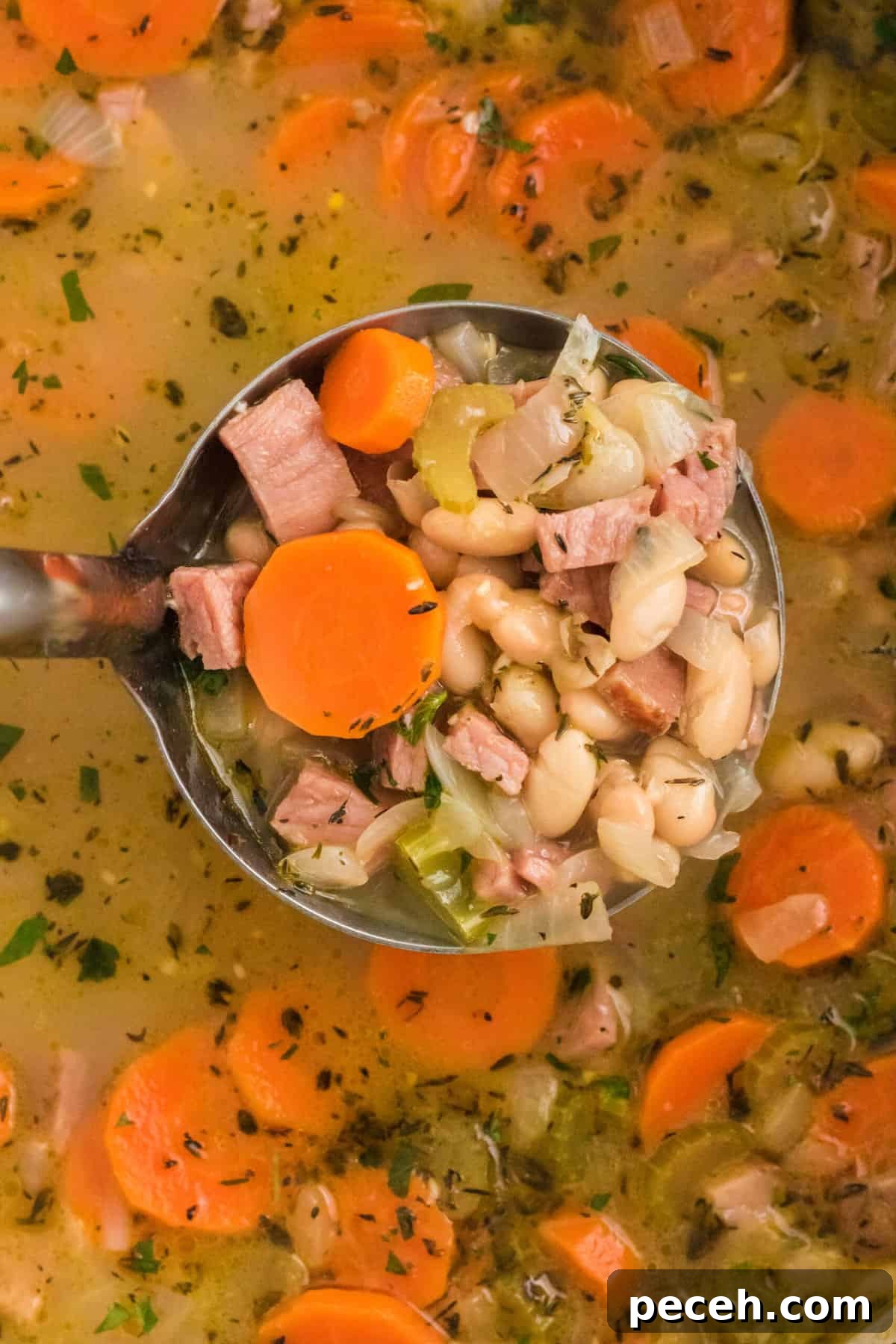 Leftover Ham Recipes: Tasty Ideas for Simple Meals 5 A soup ladel is lifting a portion of ham and bean soup from a full pot.