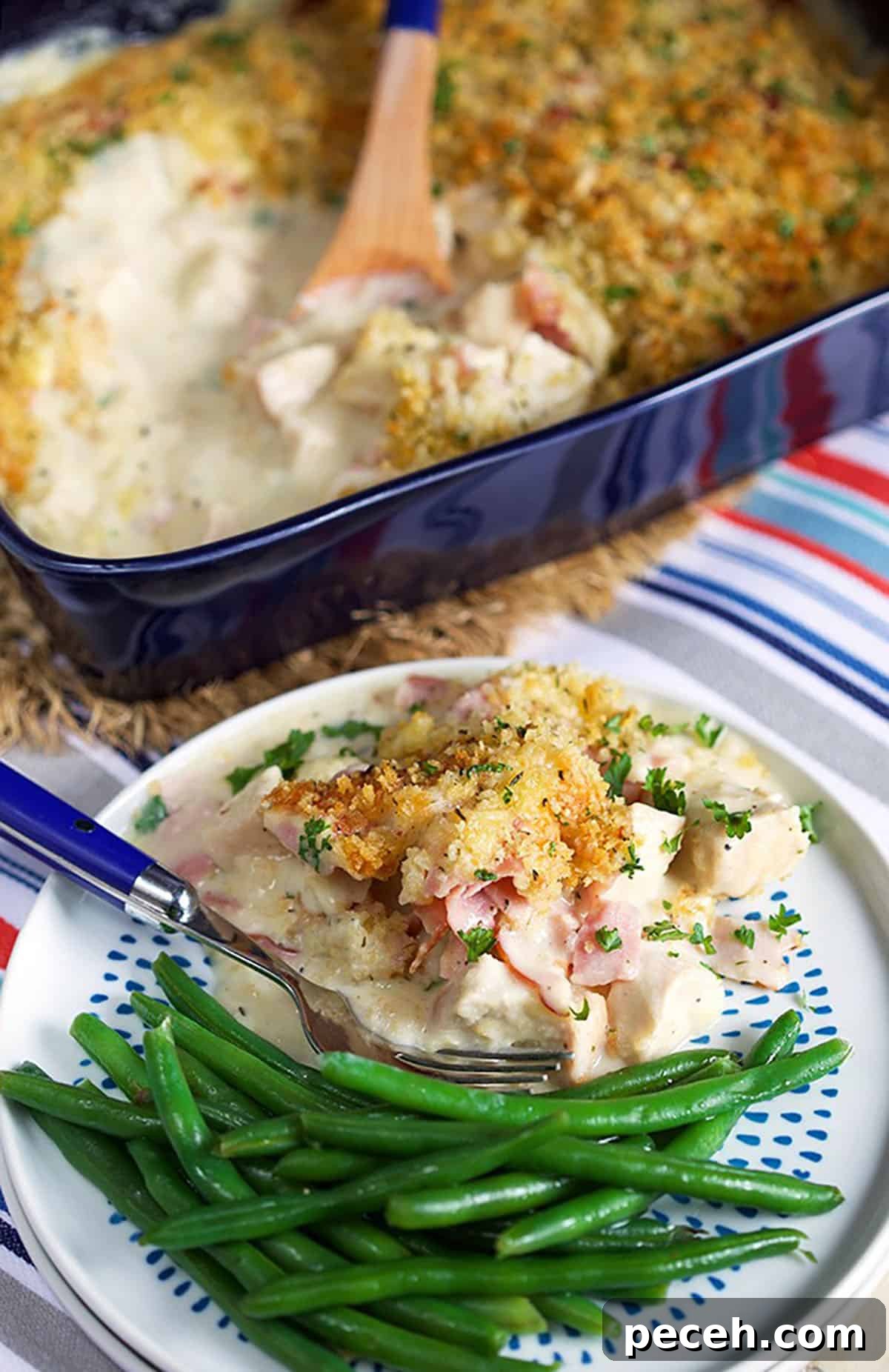 Leftover Ham Recipes: Tasty Ideas for Simple Meals 8 A plate with a serving of chicken cordon bleu casserole with green beans and a blue fork.