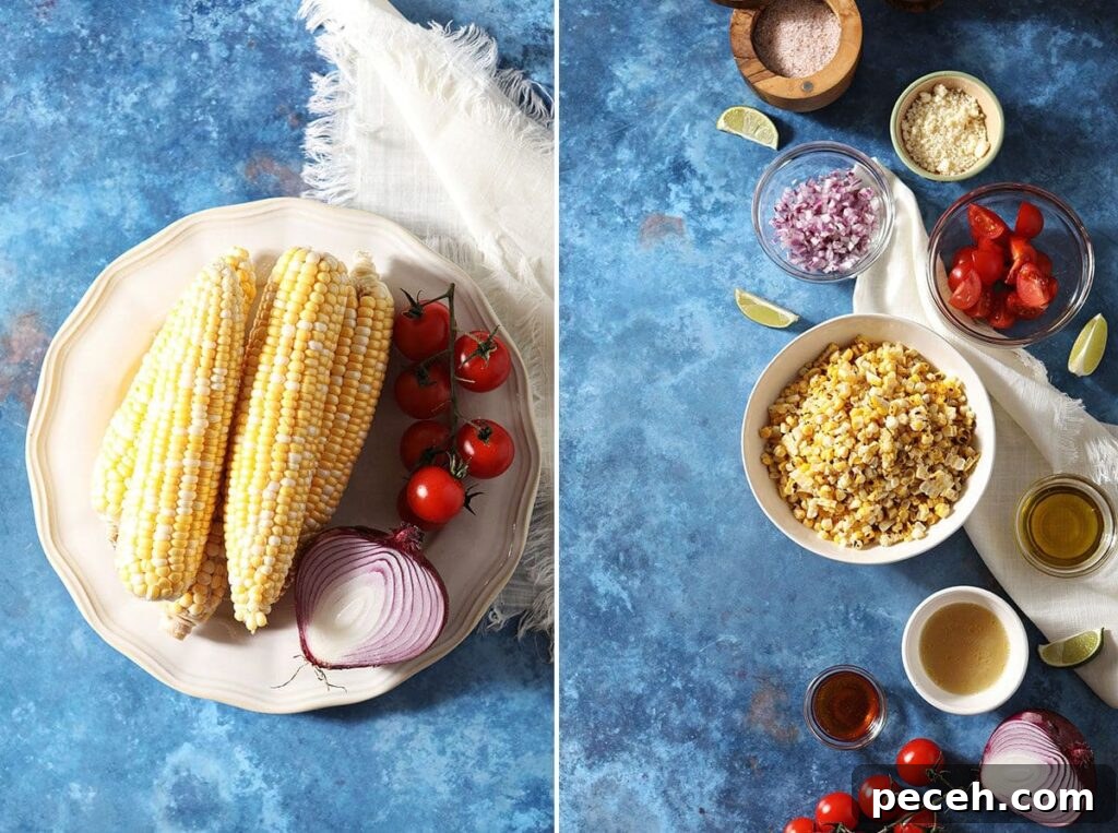 Smoky Charred Corn Salsa with Cilantro and Lime 3 Collage showing corn before roasting and ingredients in bowls on a blue countertop