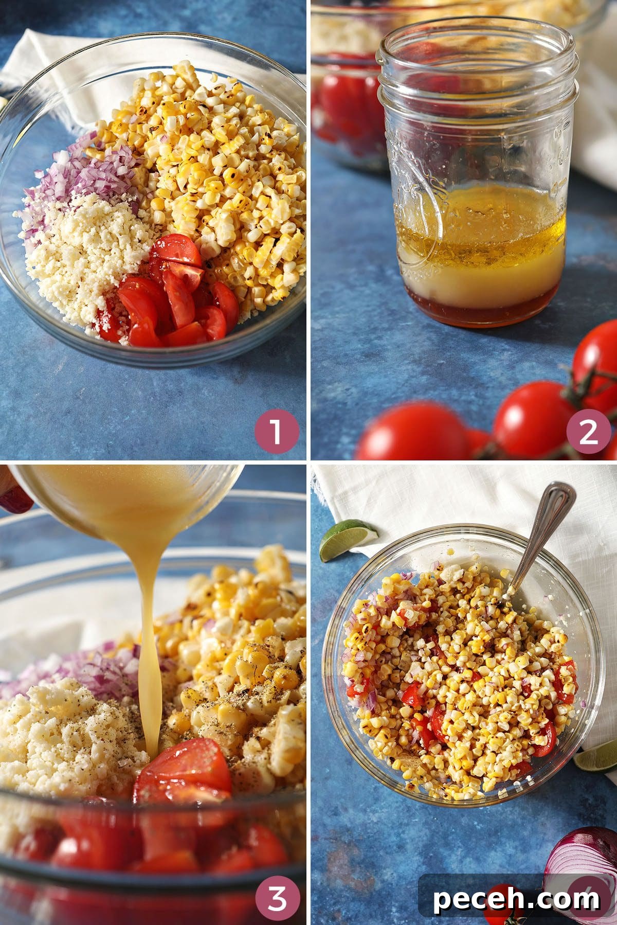 Smoky Charred Corn Salsa with Cilantro and Lime 4 Collage showing steps of how to make and mix dressing and a corn salsa recipe