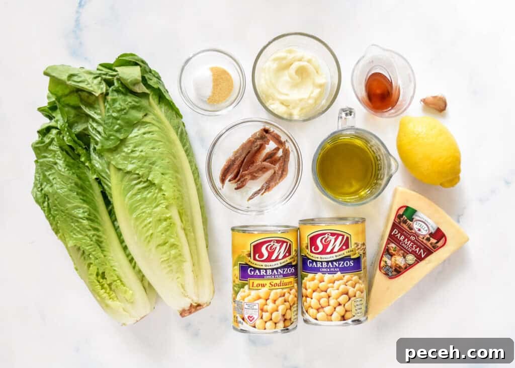 Crispy Roasted Chickpea Caesar Salad 5 ingredients required to make the roasted chickpea caesar salad.