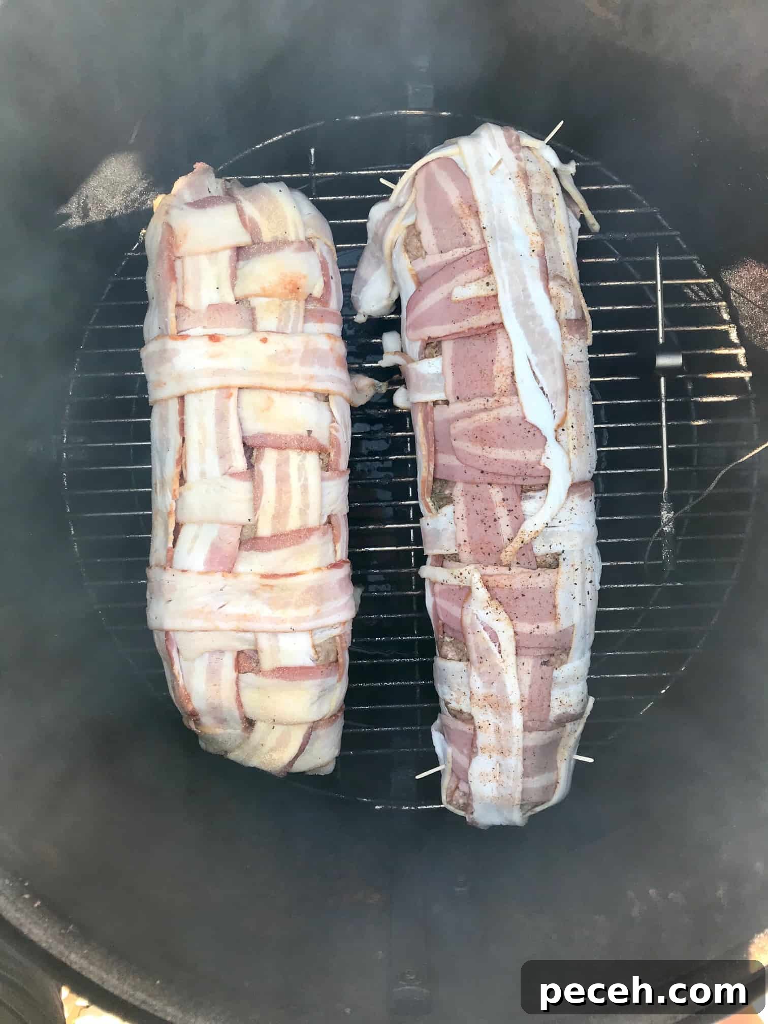 Bacon Explosion Pizza Roll: The Original Pizza Fatty Recipe 7 Two bacon explosions on weber grill overhead shot