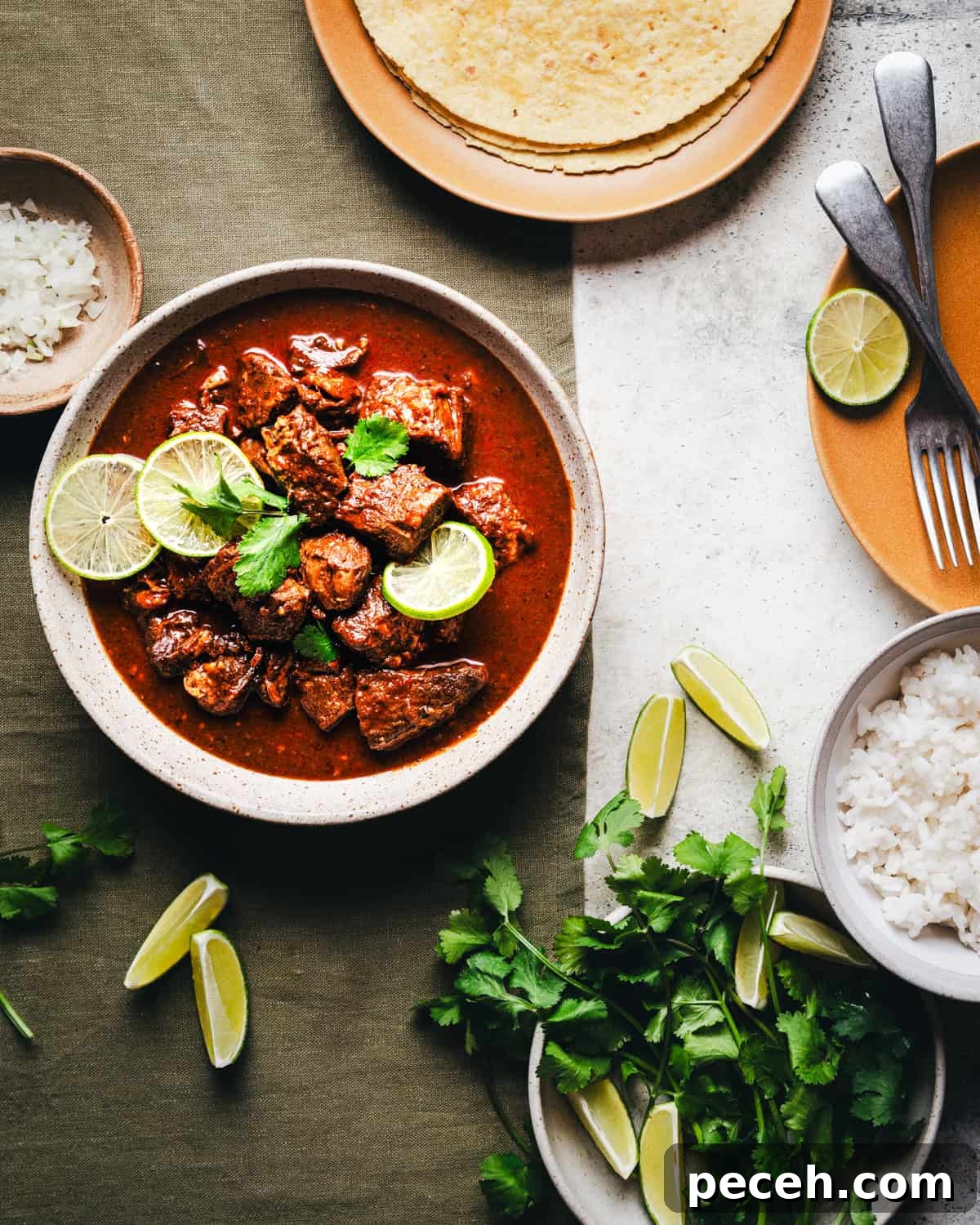 New Mexican Pork Adovada with Red Chile Sauce 14 A bowl of Carne Adovada garnished with lime slices and cilantro is surrounded by lime wedges, a bowl of rice, a plate of tortillas, and scattered cilantro leaves on a green cloth and white surface.