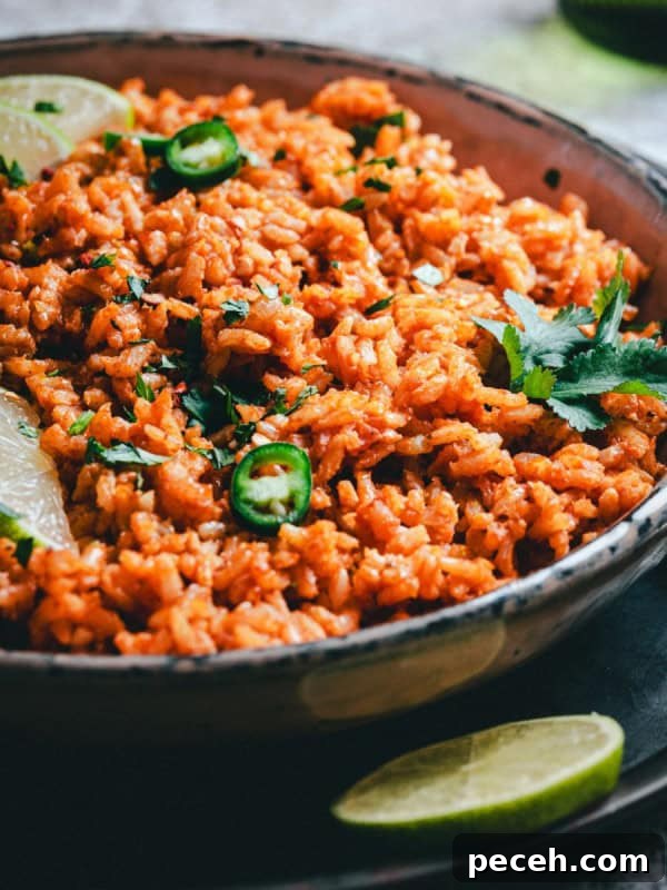 New Mexican Pork Adovada with Red Chile Sauce 15 A bowl of vibrant Mexican brown rice garnished with slices of lime, jalapeño pepper, and fresh cilantro. The rice appears fluffy and seasoned, creating a colorful and appetizing presentation.