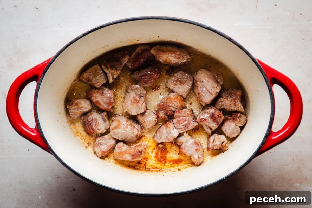 New Mexican Pork Adovada with Red Chile Sauce 5 Chunks of browned pork are sizzling in a red, oval-shaped pot on a light background. The meat appears to be seared with a golden crust, sitting in a bit of oil or juices at the bottom of the pot.
