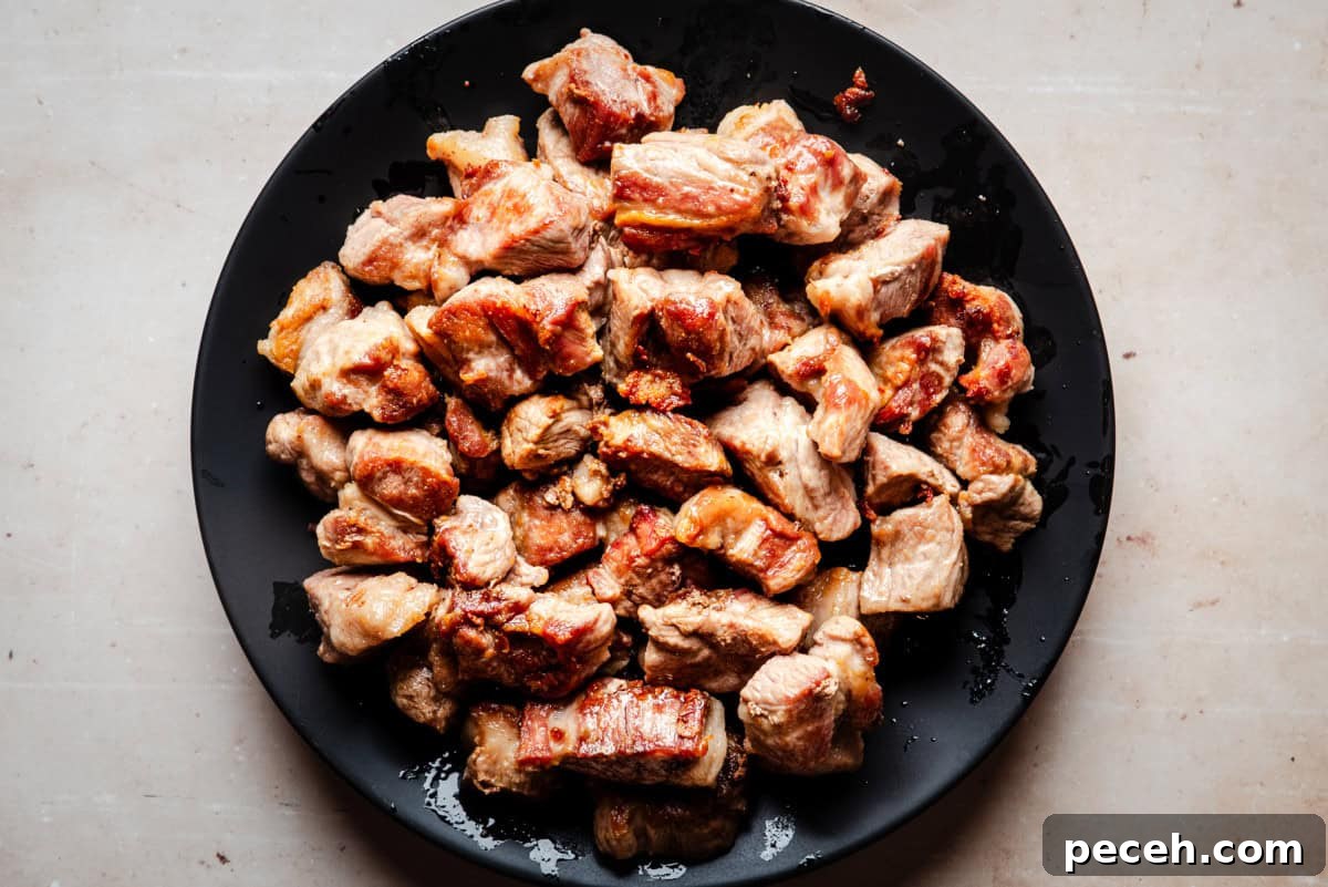 New Mexican Pork Adovada with Red Chile Sauce 6 A plate filled with cooked pieces of pork, showcasing a golden-brown and slightly crispy texture. The pieces vary in size and are arranged in a mound on a dark round plate placed on a light surface.