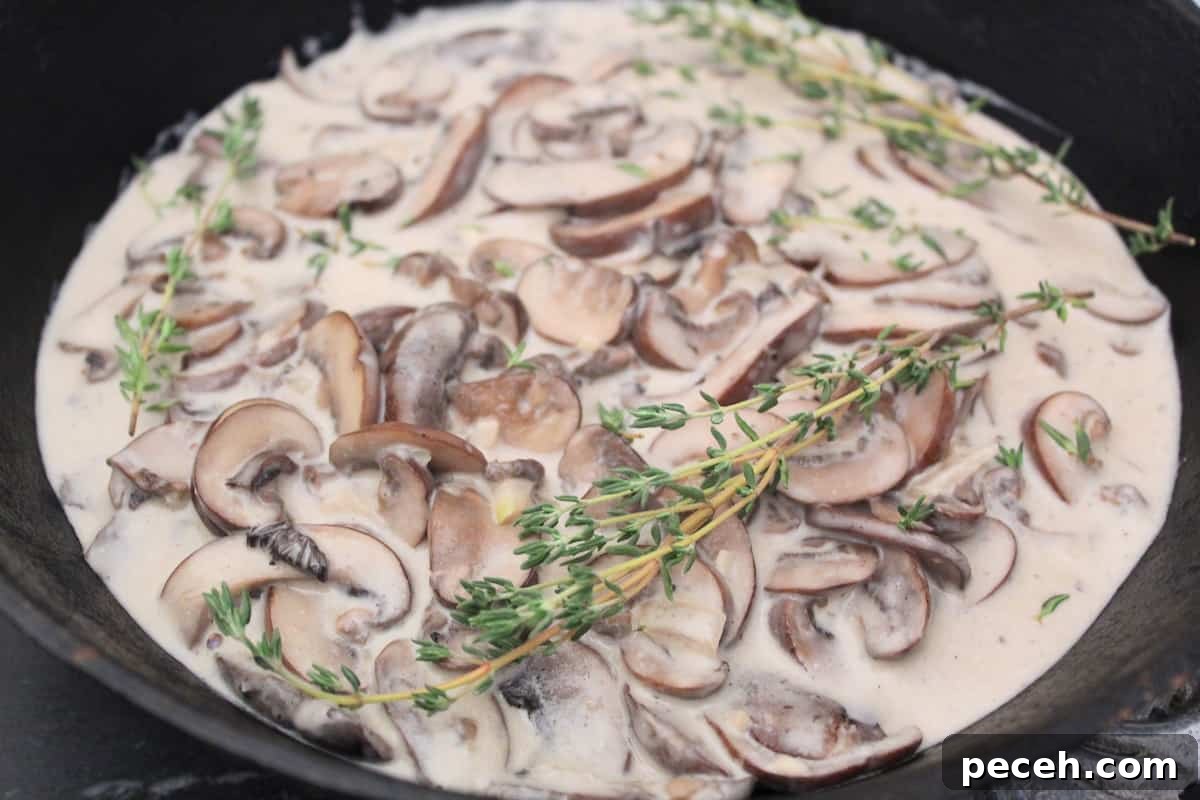 Creamy Mushroom Sauce for Pasta, Steak, and Veggies 2 Mushroom cream sauce in saucepan with fresh thyme sprigs.