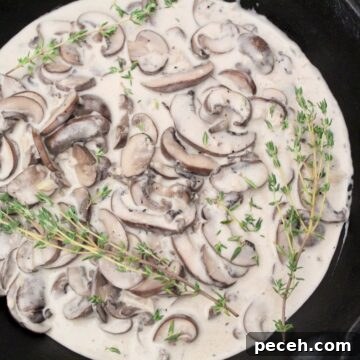 Creamy Mushroom Sauce for Pasta, Steak, and Veggies 5 Creamy mushroom sauce in saucepan with fresh thyme sprigs.