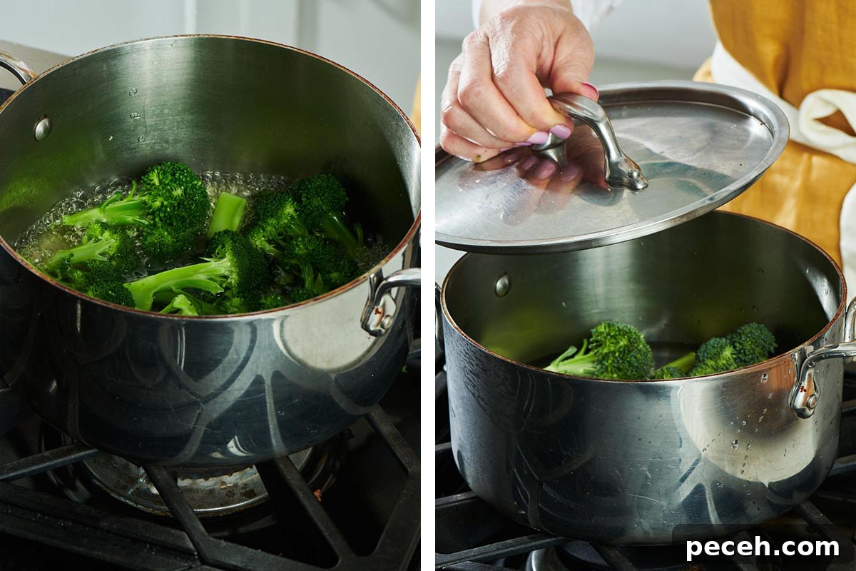 Stovetop Steamed Broccoli for Tender, Vibrant Florets 4 Broccoli steaming in large pot of water.